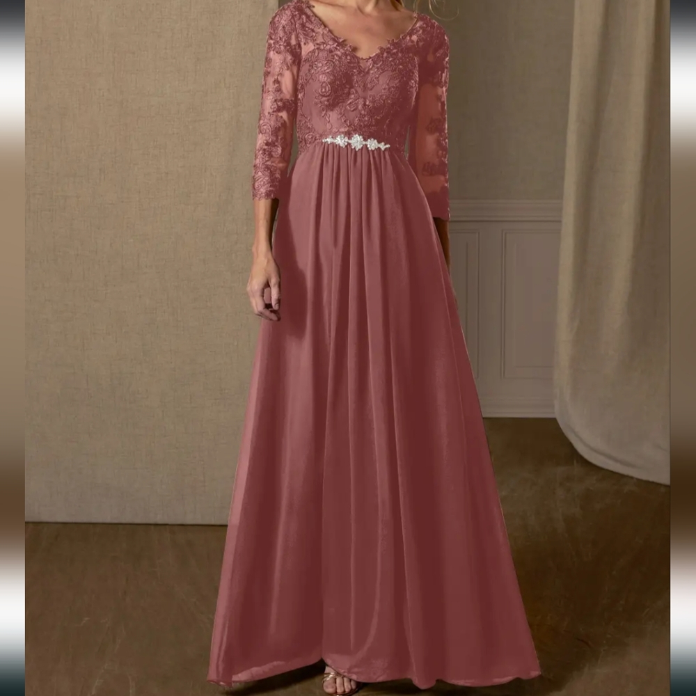 AZAZIE HAYEKA-Line Lace Chiffon Floor-Length Dress Desert Rose Bridesmaid gown - Picture 8 of 16